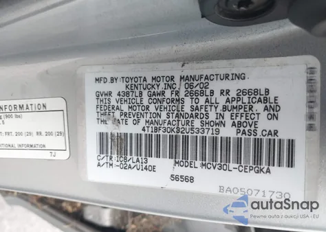 2002 Toyota Camry Xle V6 из США, поврежденный, VIN 4T1BF30K32U533719